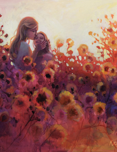 Painting of mother and daughter amongst flowers