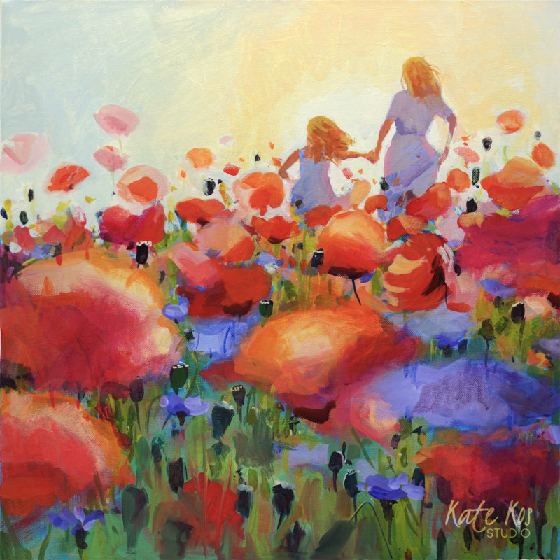 2019 art painting acrylic floral mother and daughter by Kate Kos - Popping Out