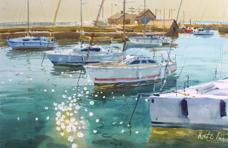2020 art painting watercolor seascape harbour Courtown by Kate Kos - The Rhythm of Harbour