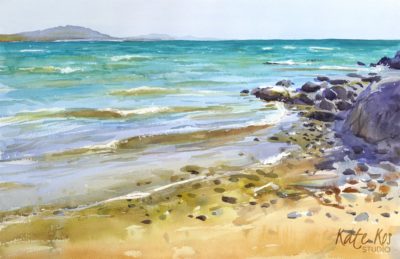 2020 art painting watercolour seascape waves Poulshone by Kate Kos - Turquoise