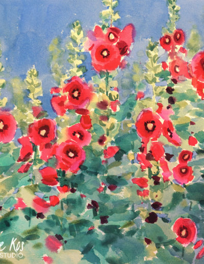 2020 art painting watercolor floral hollyhocks by Kate Kos - The Garden I Knew
