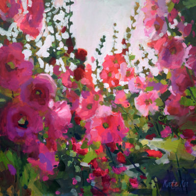 2020 art painting acrylic floral hollyhocks by Kate Kos - It Seems Like Yesterday